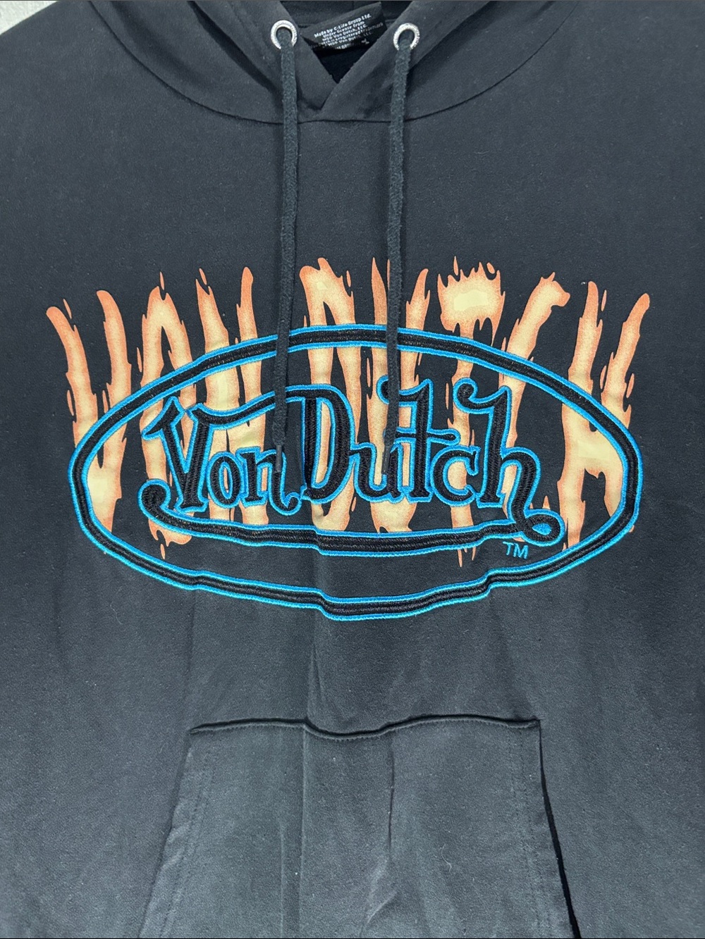 Von Dutch Black Flame Logo Hoodie Embroidered Distressed Wash Graphic Sweatshirt - Picture 4 of 9